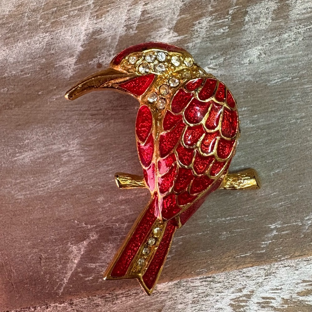 Hummingbird Pin Red Enamel Gold Tone Rhinestone